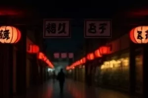 《风起菜市口》封面：清晨集市摊位的竹筐与灯笼